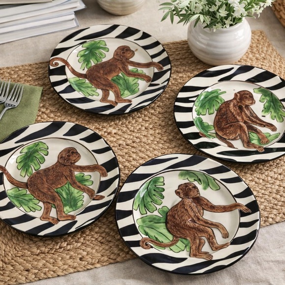 BECCA Other - Becca Signature Collection Monkey Lunch Plates Set of 4 Zebra Rim 8” USA